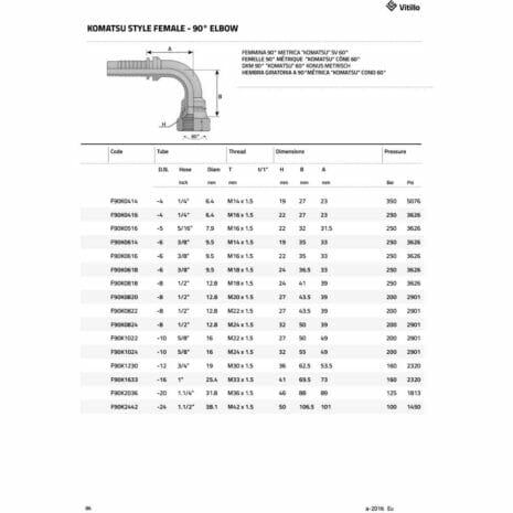 KOMATSU STYLE FEMALE - 90° ELBOW-2 hydraulicplanet Specifications table for the KOMATSU STYLE FEMALE - 90° ELBOW hydraulic fitting, showing hose size, thread size, dimensions, and pressure ratings. A technical drawing of the 90° elbow fitting appears at the top.