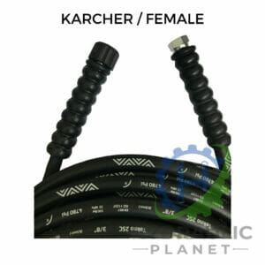 hydraulicplanet 3/8" 2 wire black pressure washer hose with female Karcher and BSP connectors; "KARCHER / FEMALE" text at top, partial "PLANET" logo at bottom right.