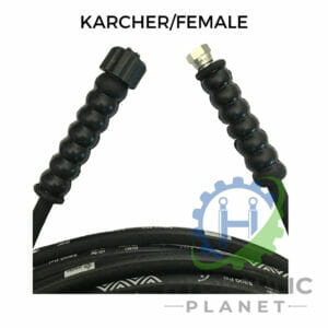 hydraulicplanet Close-up of 1/4" 2 wire black pressure washer hose assembly with female Karcher and BSP female ends, black grips, and coiled hose over a "Hydraulic Planet" logo.