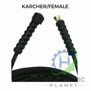 hydraulicplanet Close-up of a 1/4" 1 wire black pressure washer hose assembly, coiled neatly, featuring a female Karcher and BSP female connector, with text and logo overlay.