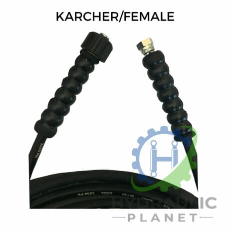 hydraulicplanet Close-up of a 1/4" 1 wire black pressure washer hose assembly, coiled neatly, featuring a female Karcher and BSP female connector, with text and logo overlay.