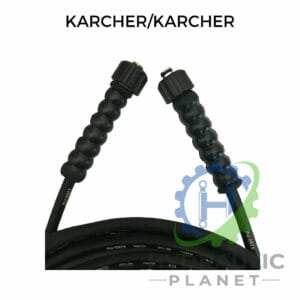 hydraulicplanet Close-up of a coiled 1/4" 1 wire black pressure washer hose assembly with female Karcher fittings at both ends; "KARCHER/KARCHER" text above and Hydraulic Planet logo in the corner.