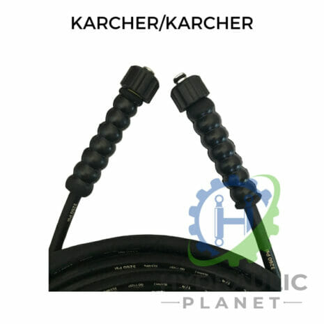 hydraulicplanet Close-up of a coiled 1/4" 1 wire black pressure washer hose assembly with female Karcher fittings at both ends; "KARCHER/KARCHER" text above and Hydraulic Planet logo in the corner.