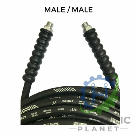 hydraulicplanet Close-up of a coiled 3/8" 2 wire black pressure washer hose assembly with BSP male fittings, labelled "MALE / MALE" at the top. The partially visible "HYDRAULIC PLANET" logo appears at the bottom right.