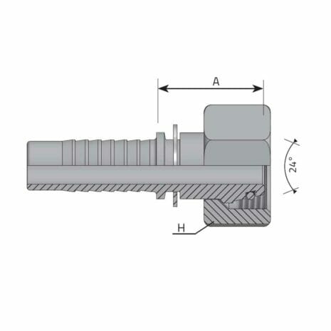 METRIC FEMALE 24° CONE - L TYPE (LIGHT) hydraulicplanet Technical drawing of the METRIC FEMALE 24° CONE - L TYPE (LIGHT) hose fitting, showing a cutaway view with labelled dimensions "A" and "H," and featuring a metric female connection with a 24° cone angle.