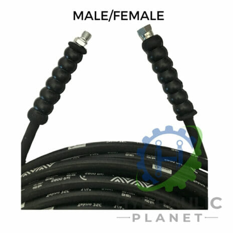hydraulicplanet The 1/4" 2 wire black pressure washer hose assembly features BSP male and BSP female connectors, shown coiled on a white background.