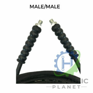 hydraulicplanet Two 1/4" 1 wire black pressure washer hoses with BSP male fittings at each end, labelled "MALE/MALE," feature the Hydraulic Planet logo in the corner.