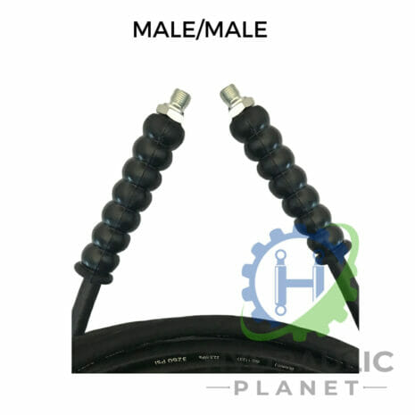 hydraulicplanet Two 1/4" 1 wire black pressure washer hoses with BSP male fittings at each end, labelled "MALE/MALE," feature the Hydraulic Planet logo in the corner.