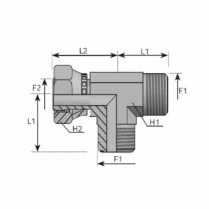 hydraulicplanet Technical drawing of a RUN FEMALE ORFS-TEE MALE ORFS - TEE MALE ORFS pipe fitting, showing labelled dimensions (L1, L2 for lengths, H1, H2 for heights, F1, F2 for diameters) plus a cross-sectional view.
