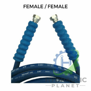 hydraulicplanet Two 3/8" 2 wire blue pressure washer hoses with BSP female fittings on both ends, labelled "FEMALE / FEMALE," are shown over a logo and white background.