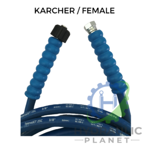 hydraulicplanet Two 3/8" 2 wire blue pressure washer hoses, each with female Karcher and BSP connectors, are shown labelled "KARCHER / FEMALE" with product branding in the background.