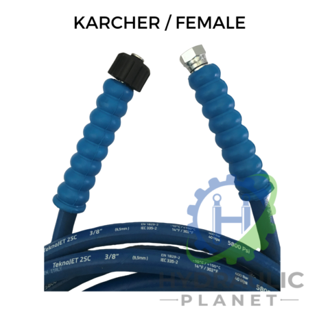 hydraulicplanet Two 3/8" 2 wire blue pressure washer hoses, each with female Karcher and BSP connectors, are shown labelled "KARCHER / FEMALE" with product branding in the background.