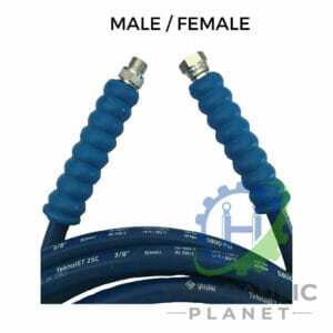 hydraulicplanet Two blue 3/8" 2-wire pressure washer hoses with coiled grips, one with a BSP male fitting and one with a BSP female fitting, labelled "MALE / FEMALE," are shown with a faint Hydraulics Planet logo in the background.