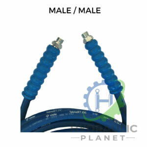 hydraulicplanet Two 3/8" 2 wire blue pressure washer hose assemblies with BSP male fittings on each end, labelled "MALE / MALE," are shown against a white background with the Hydraulic Planet logo partially visible in the corner.