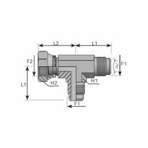 hydraulicplanet Technical drawing of a RUN TEE MALE JIC - SWIVEL FEMALE JIC showing labelled dimensions—L1, L2, F1, F2, H1, H2—and an angled section marked at 74°.