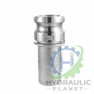 hydraulicplanet TYPE E ALUMINIUM CAMLOCK hose fitting with barbed end, displayed on a white background with the Hydraulic Planet logo in the lower right corner.