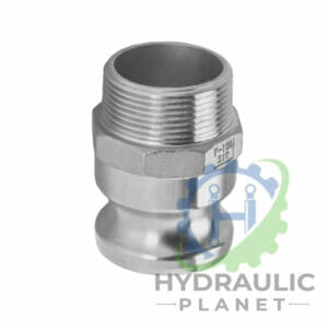 hydraulicplanet TYPE F ALUMINIUM CAMLOCK hydraulic adaptor fitting with male threads, shown on a white background featuring the Hydraulic Planet logo.
