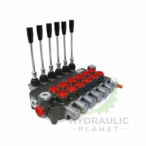 hydraulicplanet The 90° ADAPTOR MALE BSPP - SWIVEL FEMALE BSPP (BLOCK) is shown with a multi-spool hydraulic control valve featuring six black-handled levers and several red and silver ports, all set against a white background.