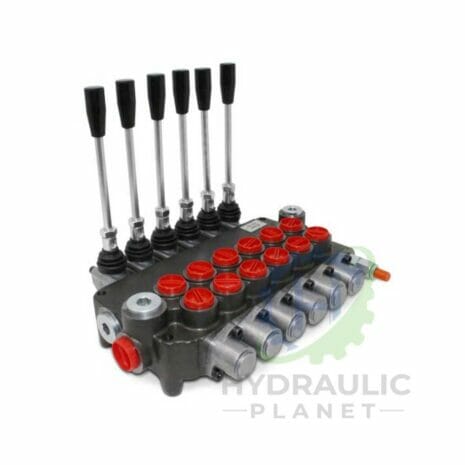 P80 SERIES MONOBLOCK CONTROL VALVES hydraulicplanet The 90° ADAPTOR MALE BSPP - SWIVEL FEMALE BSPP (BLOCK) is shown with a multi-spool hydraulic control valve featuring six black-handled levers and several red and silver ports, all set against a white background.