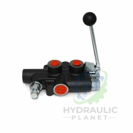 P81 SERIES LOG SPLITTER VALVE hydraulicplanet The P81 SERIES LOG SPLITTER VALVE features red caps and a metal lever handle, shown on a white background with the Hydraulic Planet logo partially visible.