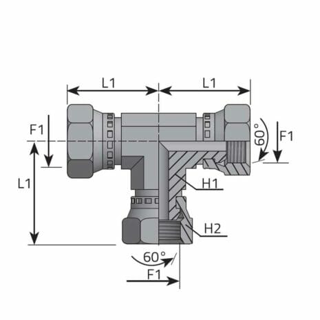 hydraulicplanet Technical drawing of TEE FEMALE BSPP pipe fitting with labelled dimensions (L1, F1, H1, H2) and 60° angle markers at two joints.