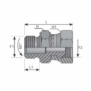 hydraulicplanet Technical drawing of the ADAPTOR MALE METRIC–METRIC SWIVEL FEMALE, showing labelled dimensions L, H, H1, L1, F1, F2, and a 60° angle marked on the left side.
