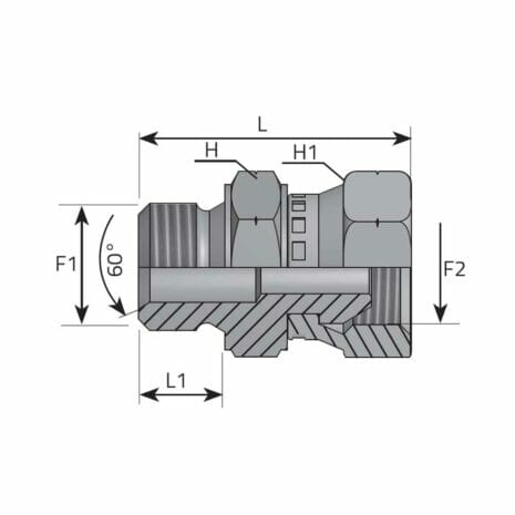 hydraulicplanet Technical drawing of the ADAPTOR MALE METRIC–METRIC SWIVEL FEMALE, showing labelled dimensions L, H, H1, L1, F1, F2, and a 60° angle marked on the left side.