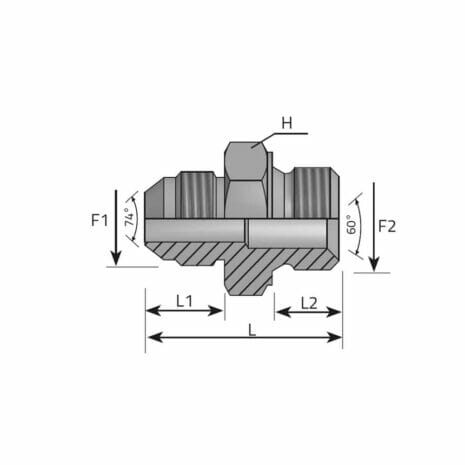 hydraulicplanet Technical drawing of the ADAPTOR MALE JIC - MALE BSPP 60° CONE, showing threaded ends, labelled dimensions (F1, F2, L, L1, L2), and angles of 74° and 60° for the 60-degree cone clearly marked.