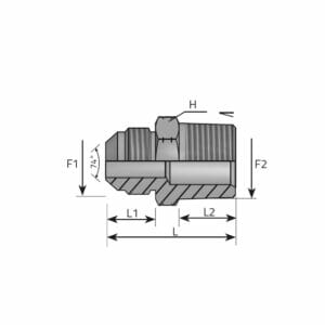 hydraulicplanet Technical drawing of an ADAPTOR MALE JIC - MALE NPT pipe fitting shows labelled sections (F1, F2, L1, L2, L, H), a marked 74° angle, and detailed dimensions with cross-sectional highlights.
