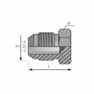hydraulicplanet Cross-sectional technical drawing of a MALE PLUG JIC hydraulic fitting with labelled measurements for length (L), height (H), and force (F1), showing typical internal and external threads.