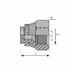 hydraulicplanet Technical drawing of the SWIVEL FEMALE PLUG JIC fitting with internal threading, showing dimensions L, H, and F1, and a 74° angle for JIC SWIVEL connections.