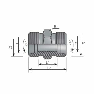 hydraulicplanet Technical drawing of the METRIC - METRIC MALE STUD COUPLING showing labelled dimensions L1, L2, H, T, F1, F2 and 24° angles on both sides.