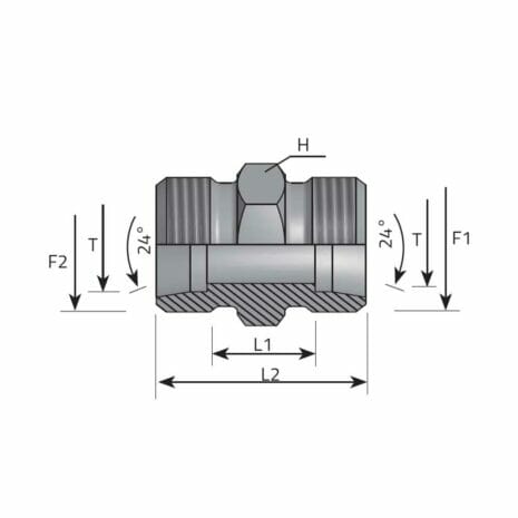 hydraulicplanet Technical drawing of the METRIC - METRIC MALE STUD COUPLING showing labelled dimensions L1, L2, H, T, F1, F2 and 24° angles on both sides.
