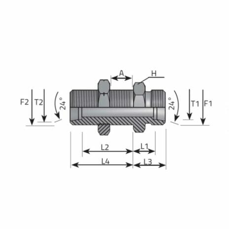 hydraulicplanet Technical diagram of the DIN MALE BULKHEAD CONNECTION - DIN MALE showing a cylindrical shape, two bolts, DIN male bulkhead connection, and labelled dimensions for lengths, threads, and angles.