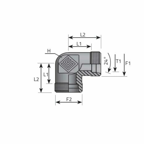 hydraulicplanet Technical drawing of a DIN MALE EQUAL ELBOW - DIN MALE pipe fitting, showing labelled dimensions L1, L2, H, T1, F1, F2 and a 24-degree angle.