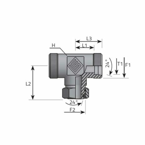 hydraulicplanet Technical diagram of the T ADAPTOR DIN MALE/DIN MALE/DIN FEMALE showing labelled dimensions (L1, L2, L3, H, T1, F1, F2), two 24-degree angle notations, and both DIN male and female connections.