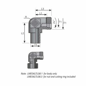 hydraulicplanet Technical drawing of the DIN MALE STUD ELBOW- DIN STANDPIPE, a right-angle fitting with labelled dimensions (L1, L2, L3, F1, T1) and angle; note: part variations per DIN standpipe specifications.