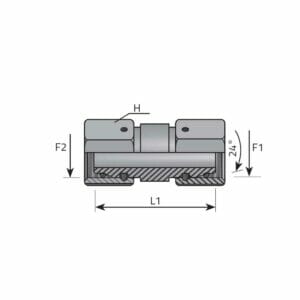 hydraulicplanet Technical drawing of the DIN FEMALE SWIVEL (LIGHT) showing a cross-sectional side view with dimensions labelled H, L1, F1, F2, and a 24° angle.