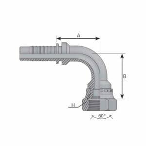 hydraulicplanet Technical drawing of the NON SKIVE FERRULE FOR 4SP/4SH, showcasing a 90° hydraulic hose fitting with dimensions A, B, H labelled and a 60° angle at the threaded end.