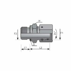 hydraulicplanet Cross-sectional technical drawing of the DIN FEMALE STUD ADAPTOR - BSPP MALE (FORM E) shows labelled dimensions L1, L2, D, H, F1, F2, and a 24° angle.