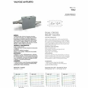 hydraulicplanet A technical datasheet for the DUAL CROSS RELIEF VALVE includes a product image, hydraulic diagram, detailed specifications, and application information in Italian and English.