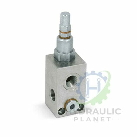 RELIEF VALVE hydraulicplanet The RELIEF VALVE is a metal hydraulic valve block featuring multiple threaded ports and an adjustable relief valve knob, shown on a white background.