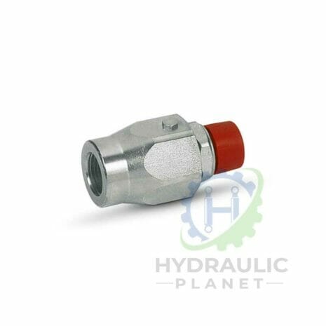 hydraulicplanet A TEE MALE ADAPTOR BSPP hydraulic fitting with a hexagonal section and red cap, shown on a white background featuring the Hydraulic Planet logo.