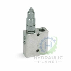 hydraulicplanet The SEQUENCE VALVE hydraulic block features a threaded adjustment knob and side ports, shown upright on a white background with the Hydraulic Planet logo overlaid in the lower right corner.