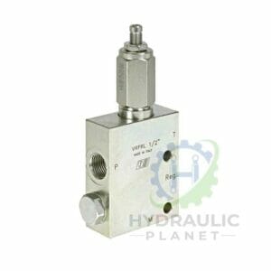 hydraulicplanet The DIRECT ACTING PRESSURE REDUCING VALVE WITH CHECK VALVE features threaded ports, an adjustment knob, and is labelled "VRPRL 1/2''" and "Made in Italy." It allows controlled flow and provides system protection.