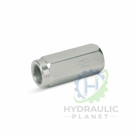 CHECK VALVE hydraulicplanet The CHECK VALVE is a silver metal hydraulic valve with a hexagonal body and internal threading on one end, shown on a white background with the Hydraulic Planet logo below.