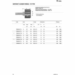 WATERJET CLEANER FEMALE – FK TYPE-2 hydraulicplanet Table showing specifications for WATERJET CLEANER FEMALE - FK TYPE, listing dimensions, pressure ratings, and product codes, with a technical diagram displayed above.