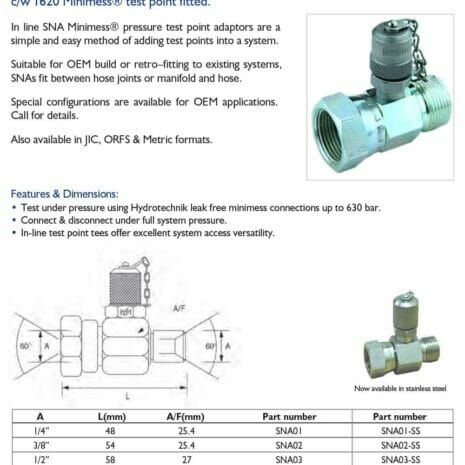 BSP INLINE TEST POINT TEE ADAPTOR-2 hydraulicplanet A technical product sheet for FLANGE CODE 62 - 6000 PSI BSP inline test point tee adaptors features images, specs, key features, and full ordering info, including hydraulic flange options rated up to 6000 PSI.