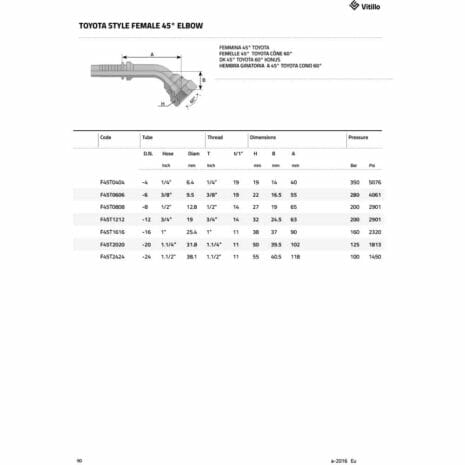 TOYOTA STYLE FEMALE - 45° ELBOW-2 hydraulicplanet Table displays TOYOTA STYLE FEMALE - 45° ELBOW automotive fitting specs, including hose fitting dimensions, thread sizes, pressure ratings, and a technical diagram at the top left-hand corner.