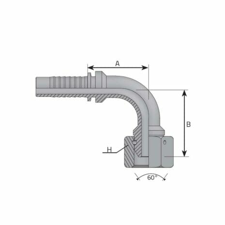 hydraulicplanet Technical drawing of a BSPP FEMALE - 90° ELBOW (THRUST-WIRE NUT) pipe fitting, showing dimensions A, B, H, and a 60-degree angle. The fitting has a BSPP female threaded end and a barbed hose connexion.